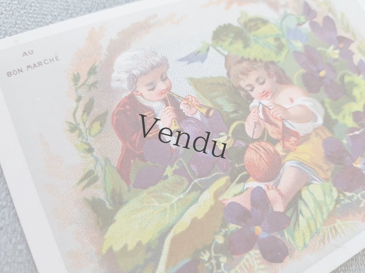 画像2: フランスアンティーク　クロモ　編み物をする少女、呼びに来た少年  AU BON MARCHÉ (2)
