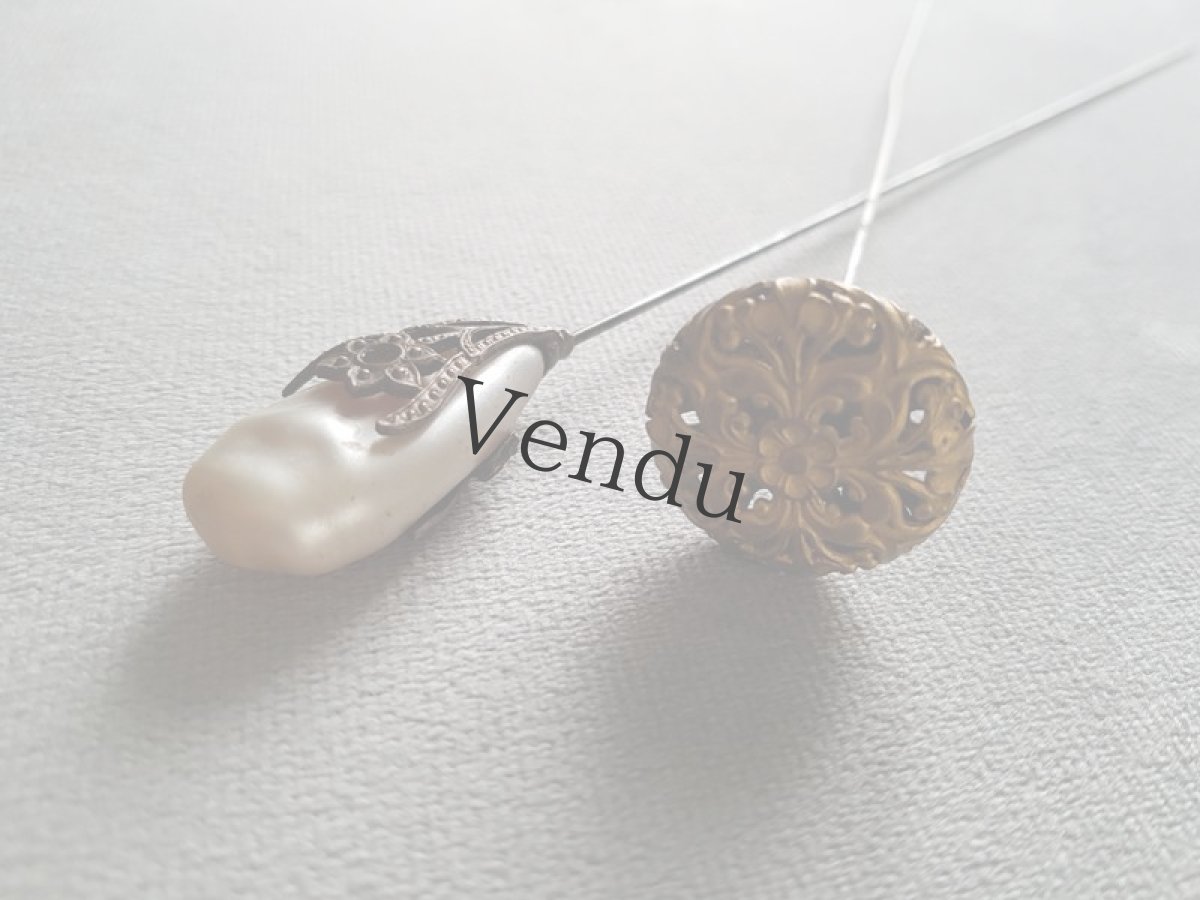 画像7: フランスアンティーク　メタル装飾パールのハットピン 26.3cm (7)