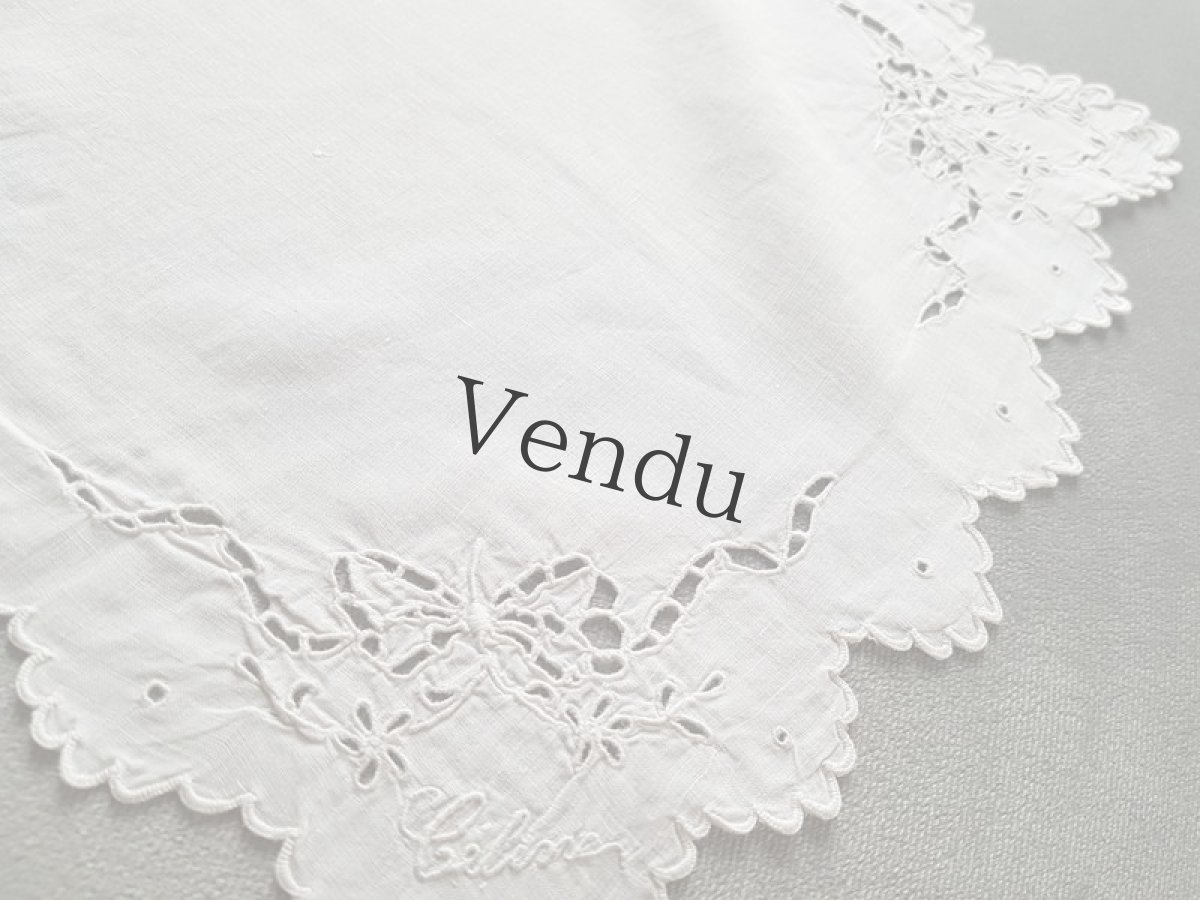 画像5: フランスアンティーク　リボンのカットワークと白刺繍のハンカチ (5)