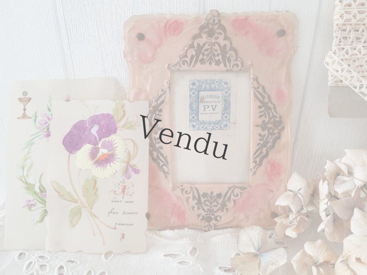 画像8: フランスアンティーク　セルロイドの手書きカード　パンジー (8)