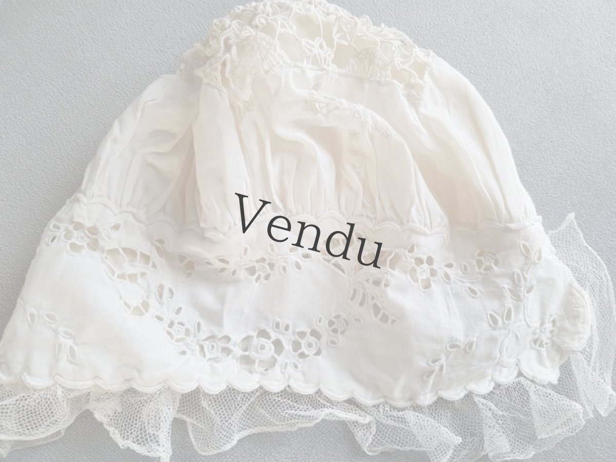 画像11: フランスアンティーク　べべ　カットワーク刺繍のボネ (11)