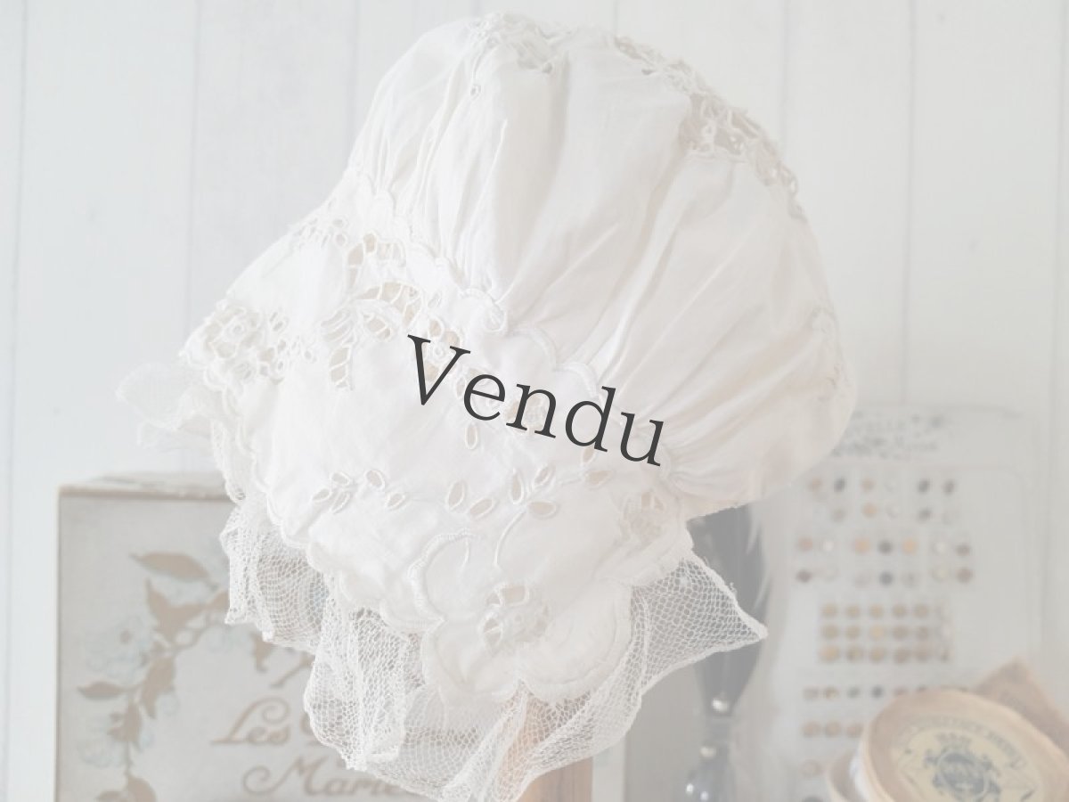 画像5: フランスアンティーク　べべ　カットワーク刺繍のボネ (5)