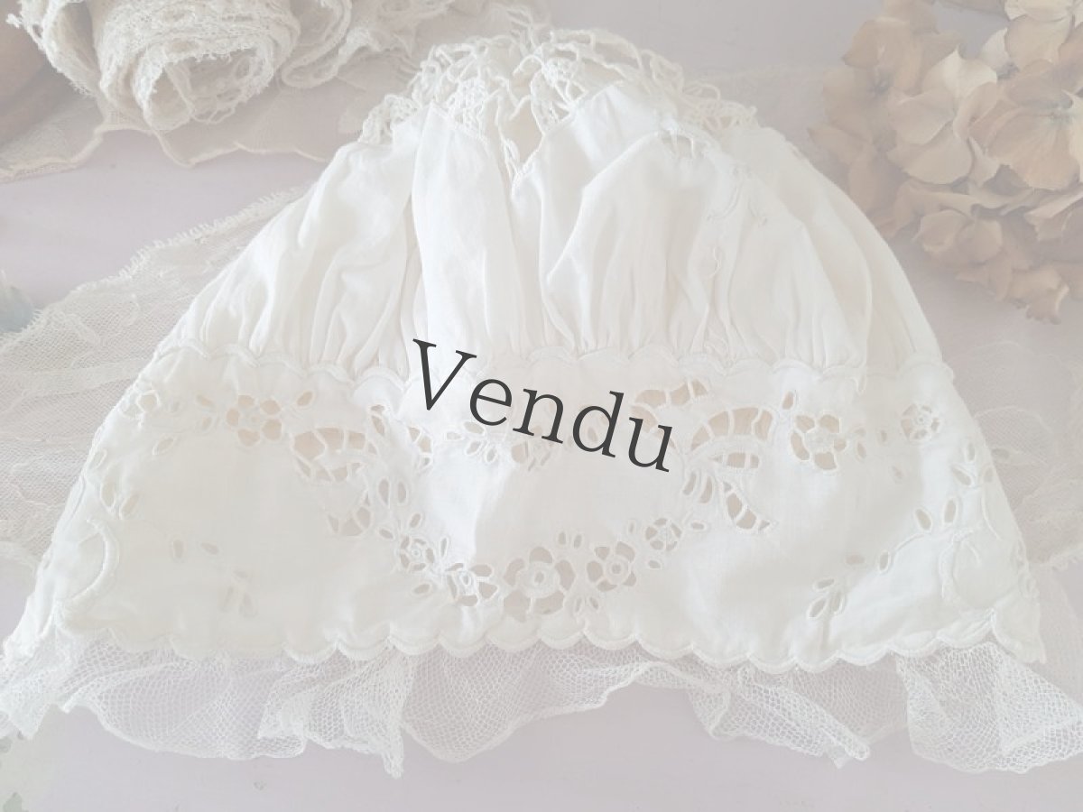 画像3: フランスアンティーク　べべ　カットワーク刺繍のボネ (3)