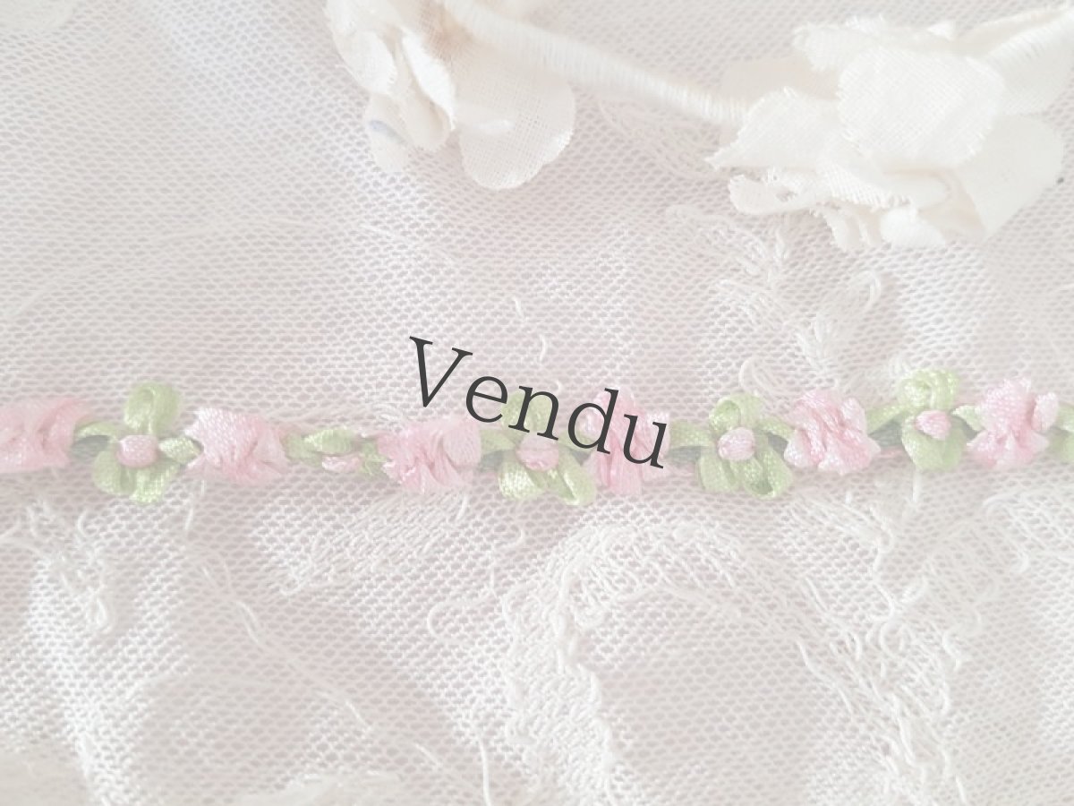 画像3: フランスヴィンテージ　ピンクとライムグリーンのロココリボン 20cm〜 (3)