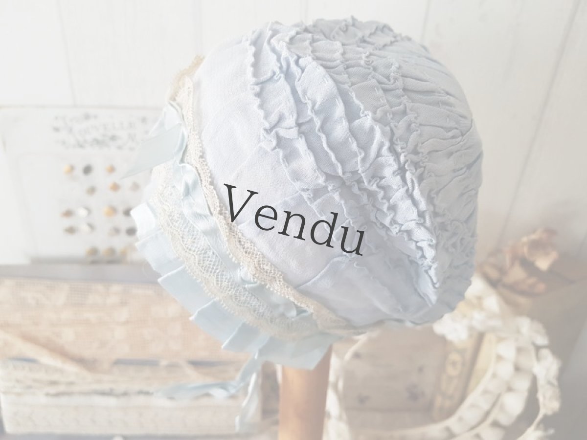 画像2: フランスアンティーク　ノスタルジックな水色のちいさなボネ (2)