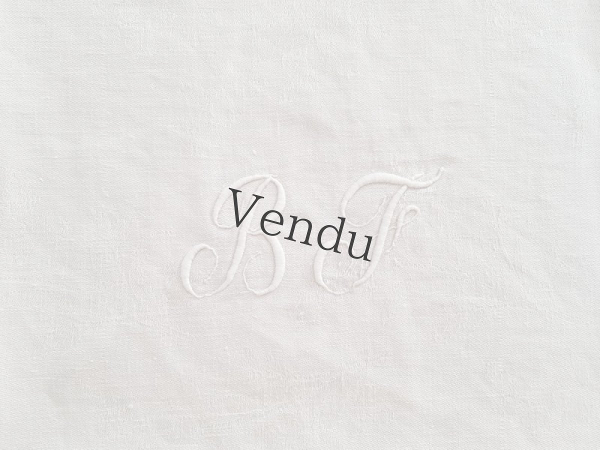 画像2: フランスアンティーク　モノグラム手刺繍BF ダマスク織リネンクロス (2)