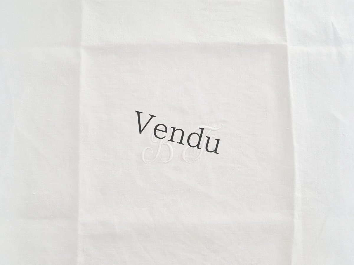 画像3: フランスアンティーク　モノグラム手刺繍BF ダマスク織リネンクロス (3)