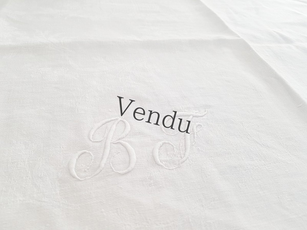 画像4: フランスアンティーク　モノグラム手刺繍BF ダマスク織リネンクロス (4)