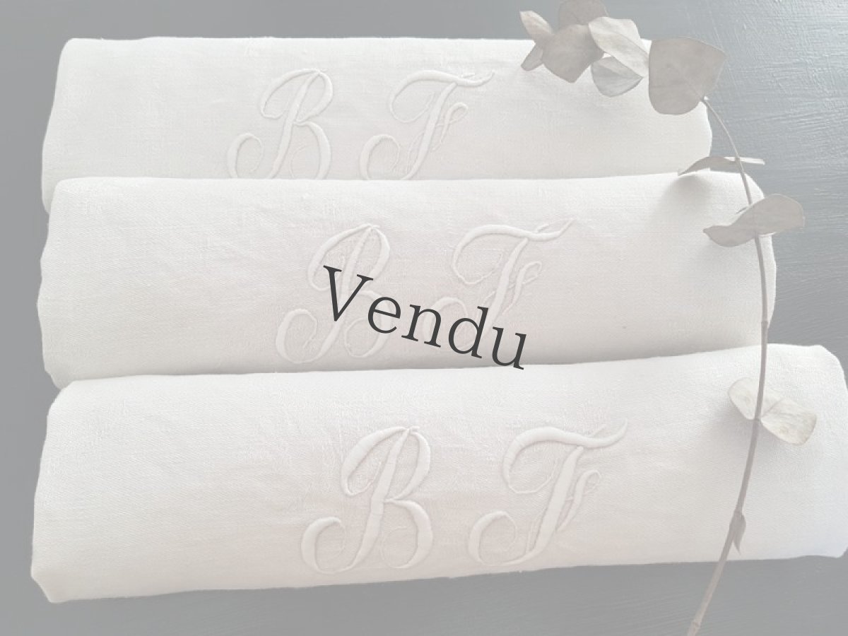 画像8: フランスアンティーク　モノグラム手刺繍BF ダマスク織リネンクロス (8)