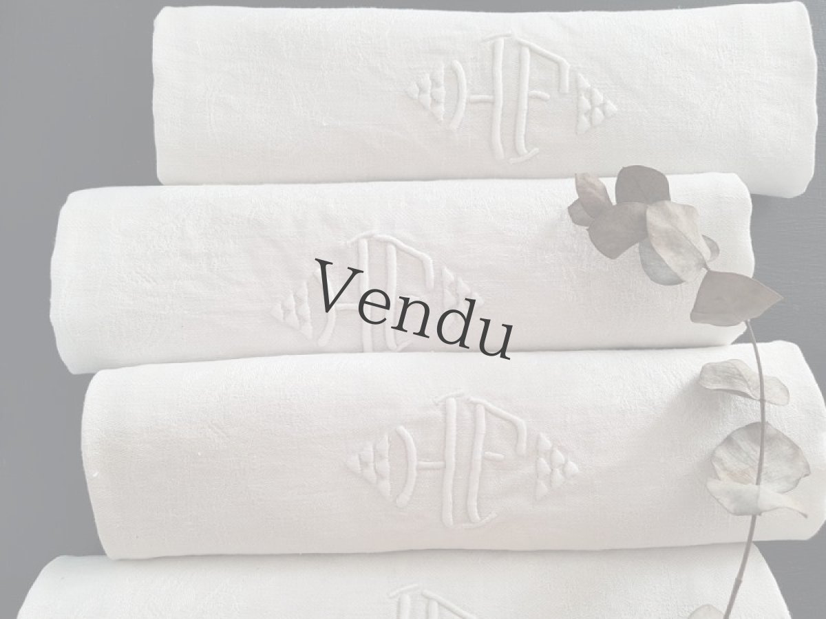 画像9: フランスアンティーク　モノグラム手刺繍HF ダマスク織リネンクロス (9)