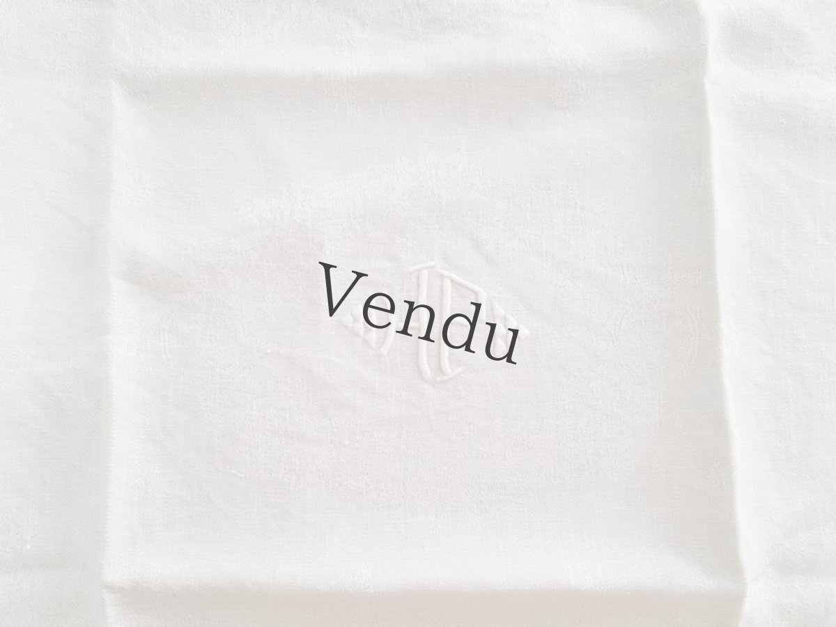 画像2: フランスアンティーク　モノグラム手刺繍HF ダマスク織リネンクロス (2)