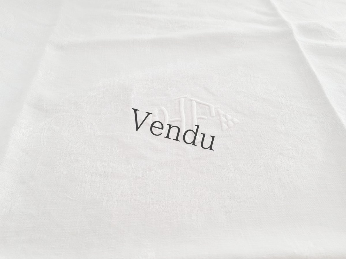 画像3: フランスアンティーク　モノグラム手刺繍HF ダマスク織リネンクロス (3)