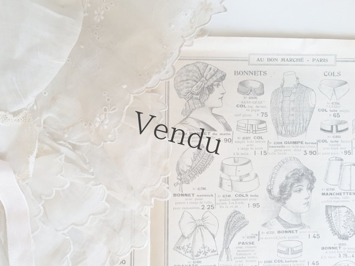 画像9: フランスアンティーク　1900年代　白糸刺繍リネンローン地のボネ (9)