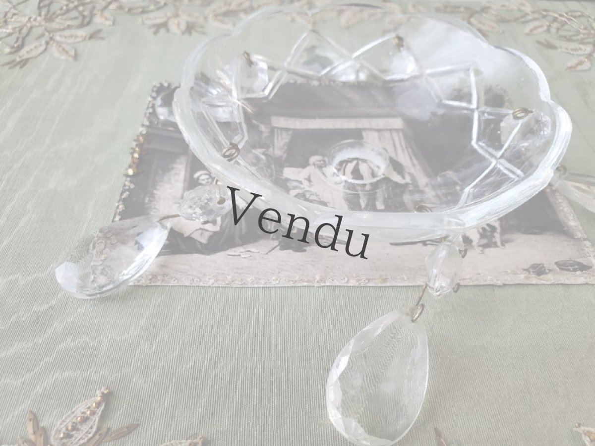 画像5: フランスアンティーク　シャンデリアパーツ／クリスタルガラス　ドロップ付きランプシェード　 (5)