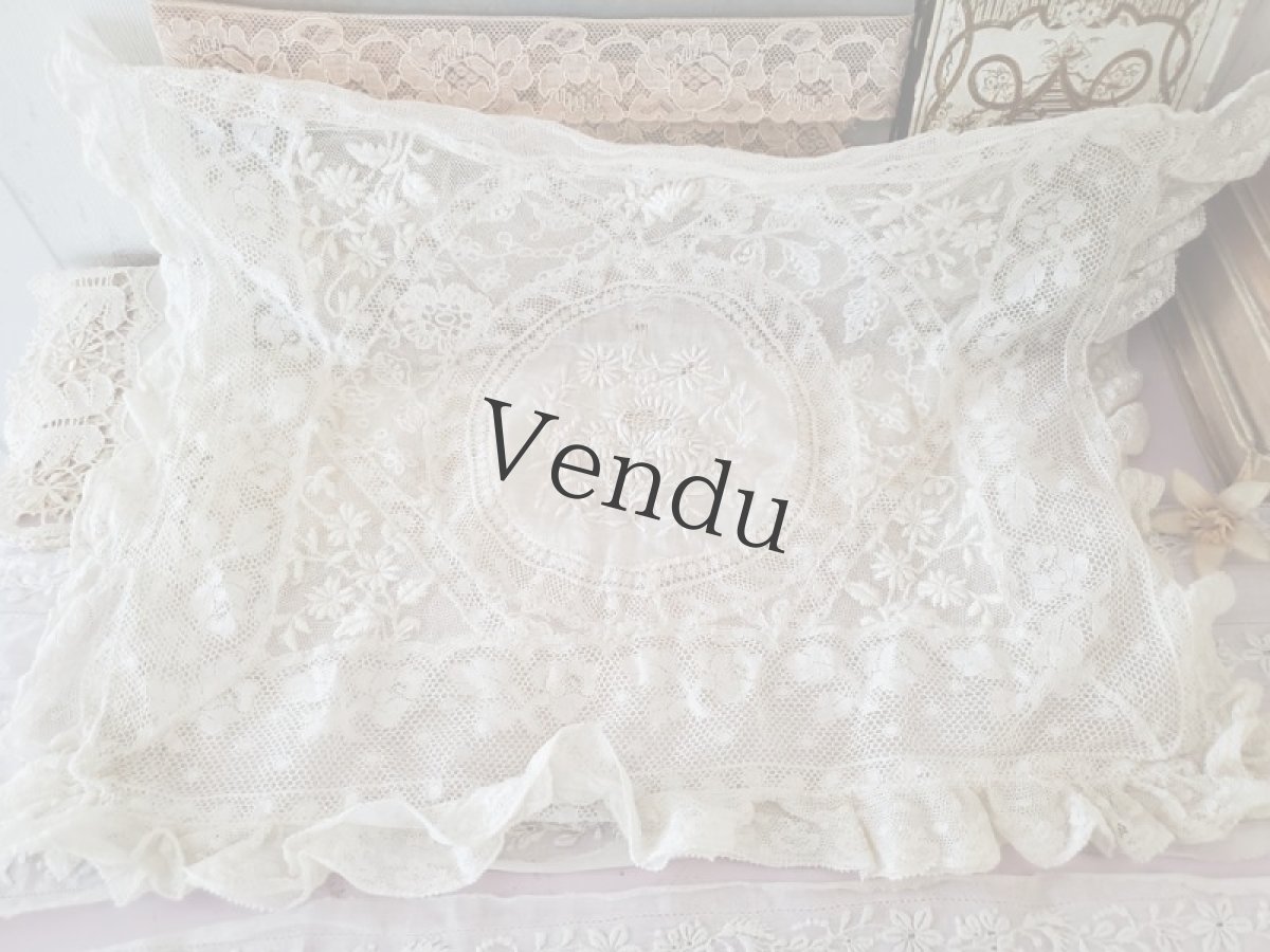 画像8: フランスアンティーク　ノルマンディレース　クッションカバー (8)