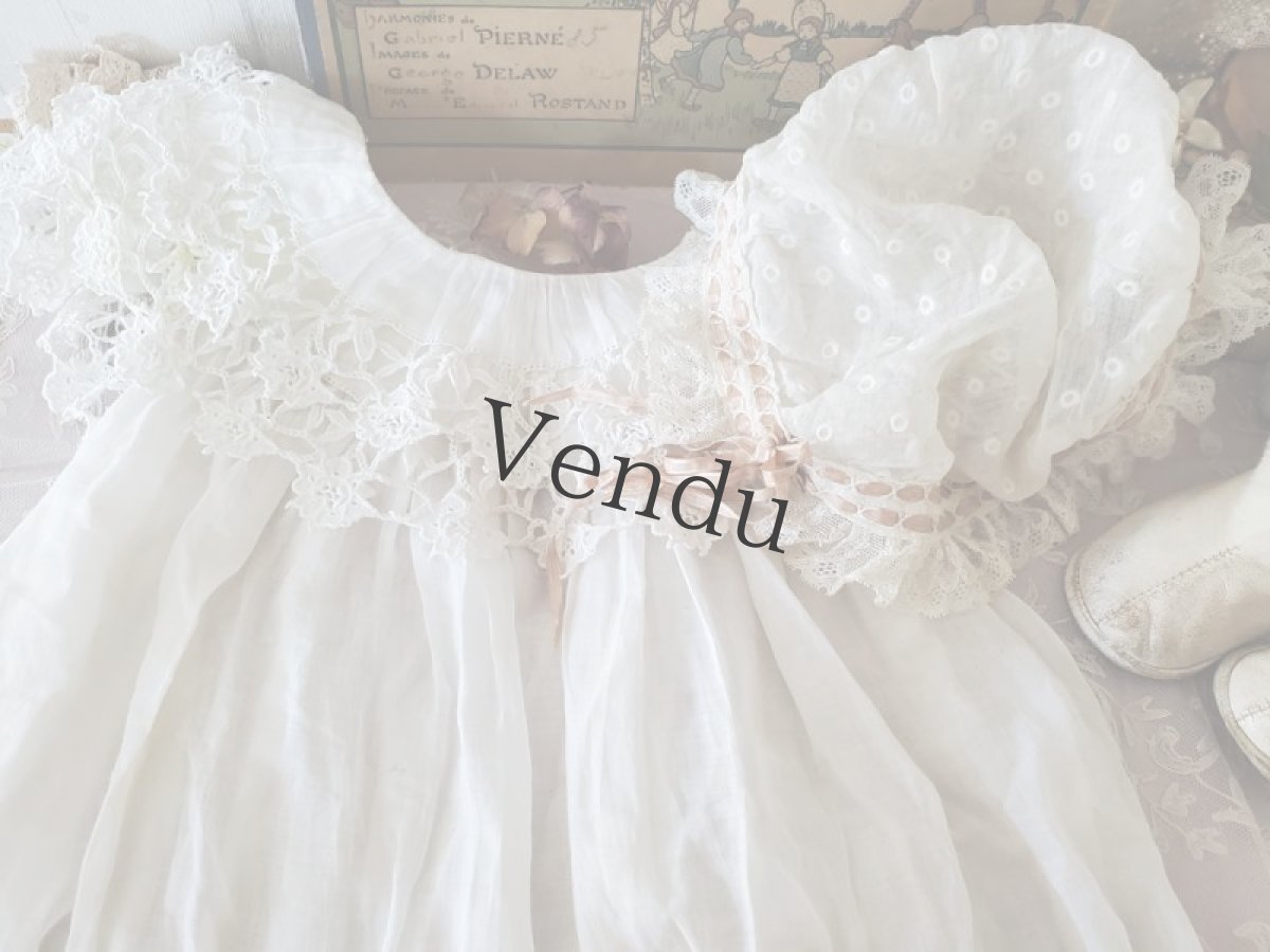 画像9: フランスヴィンテージ　ニ重リボンのちいさなボネ (9)