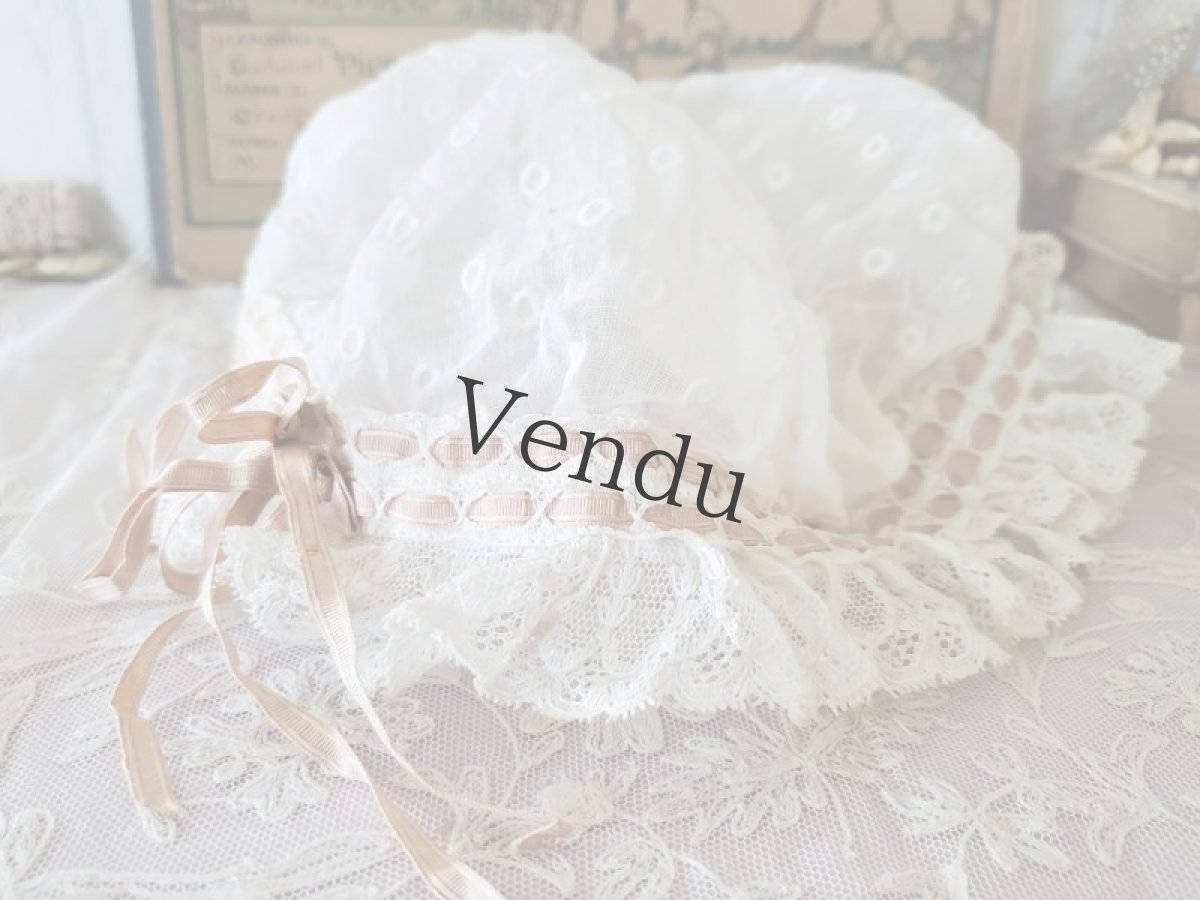 画像3: フランスヴィンテージ　ニ重リボンのちいさなボネ (3)