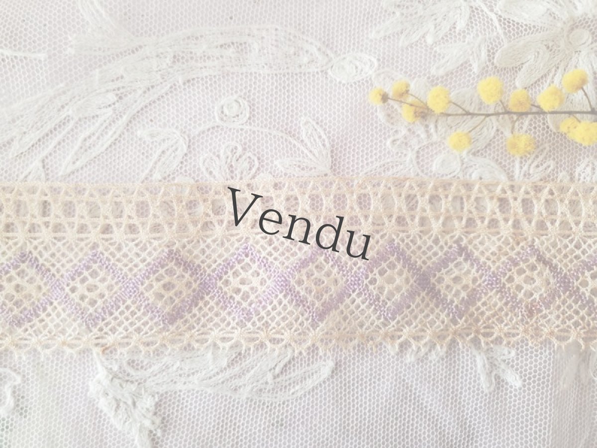 画像3: フランスヴィンテージ　スミレ色のダイヤ柄　ボビンレースブレード 207cm (3)