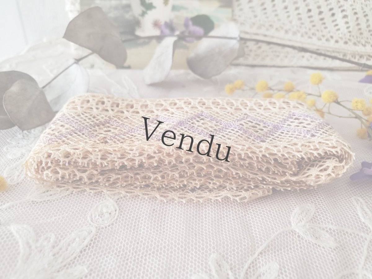 画像6: フランスヴィンテージ　スミレ色のダイヤ柄　ボビンレースブレード 207cm (6)