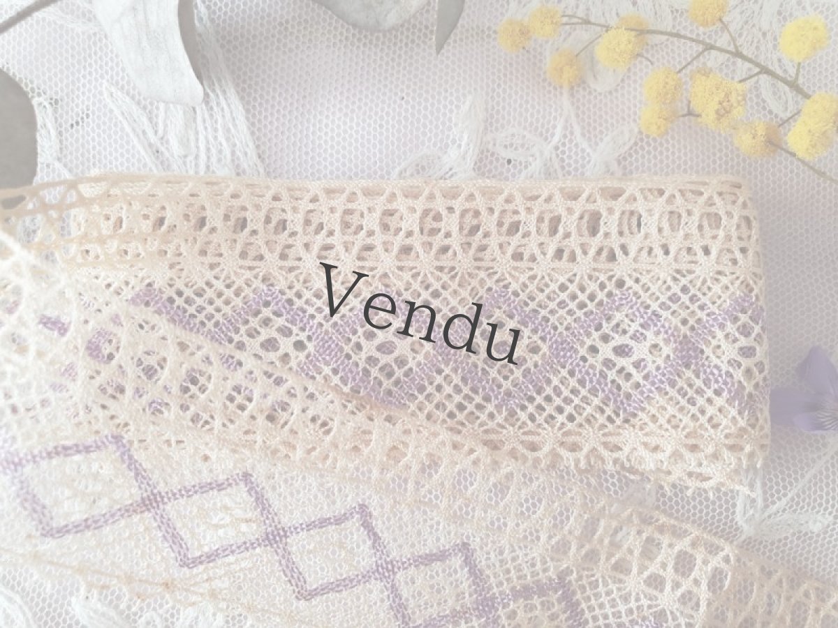 画像2: フランスヴィンテージ　スミレ色のダイヤ柄　ボビンレースブレード 207cm (2)