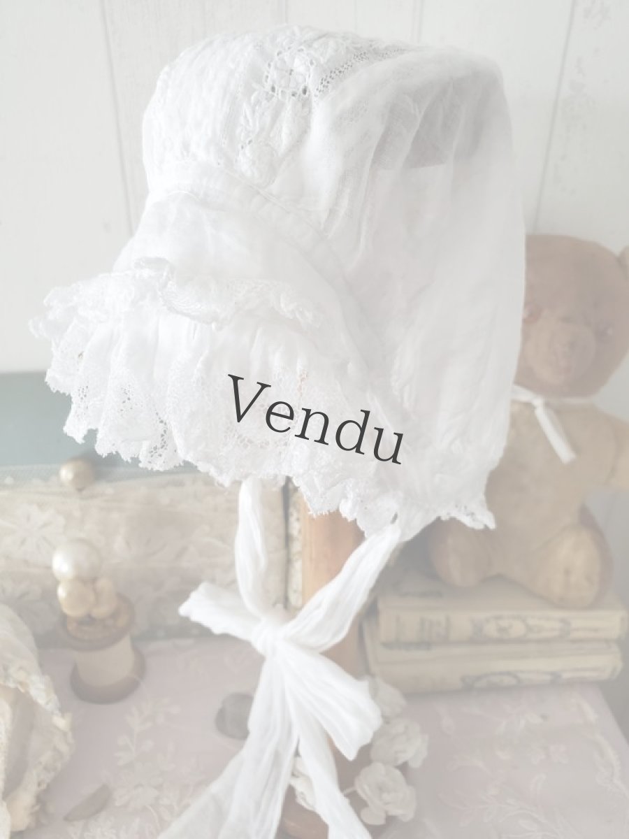 画像6: フランスアンティーク　やわらかローン地 白糸刺繍ボネ (6)