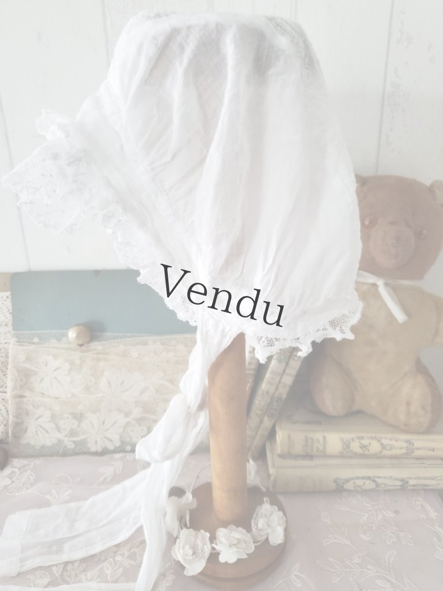 画像7: フランスアンティーク　やわらかローン地 白糸刺繍ボネ (7)