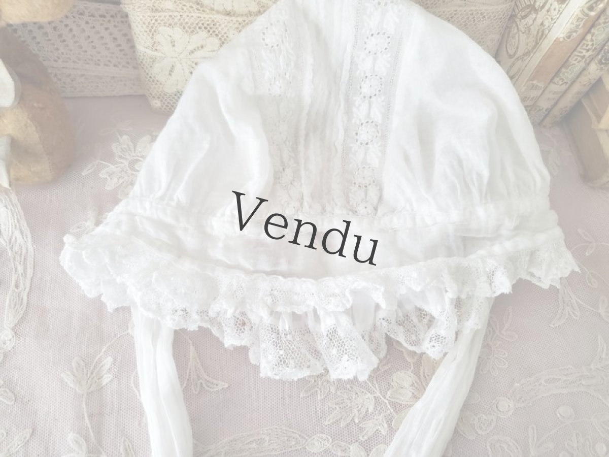 画像3: フランスアンティーク　やわらかローン地 白糸刺繍ボネ (3)