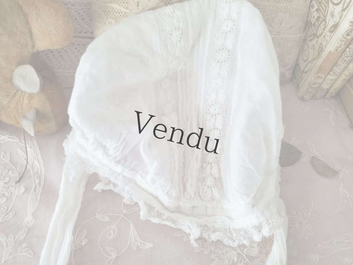 画像4: フランスアンティーク　やわらかローン地 白糸刺繍ボネ (4)