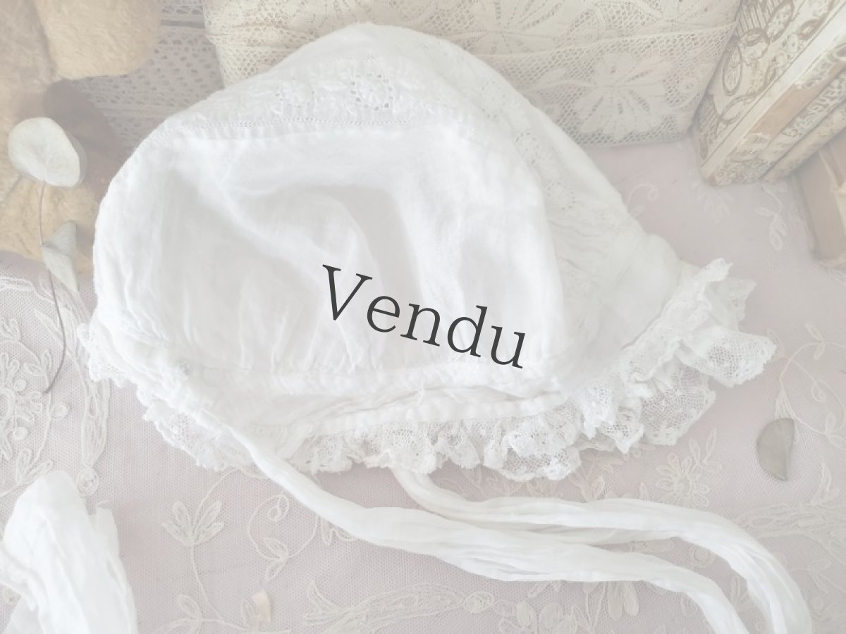 画像5: フランスアンティーク　やわらかローン地 白糸刺繍ボネ (5)