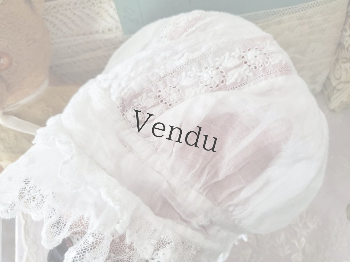 画像10: フランスアンティーク　やわらかローン地 白糸刺繍ボネ (10)