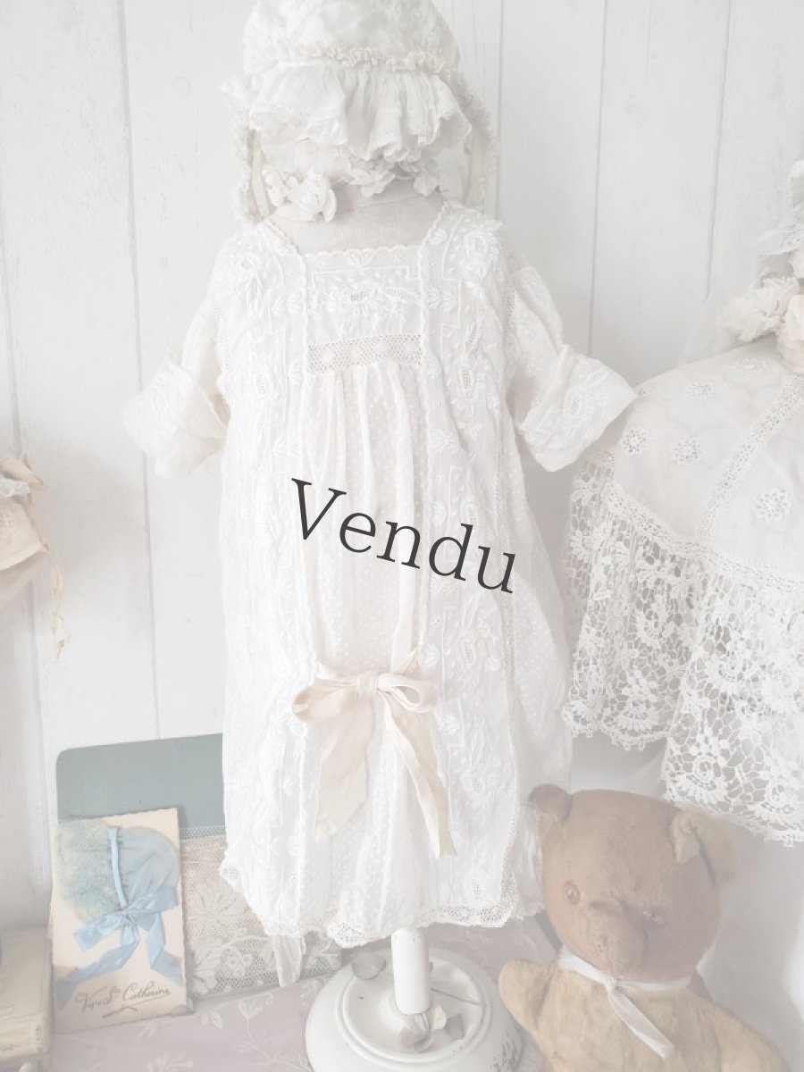 画像3: フランスアンティーク　白糸刺繍ベビードレス (3)