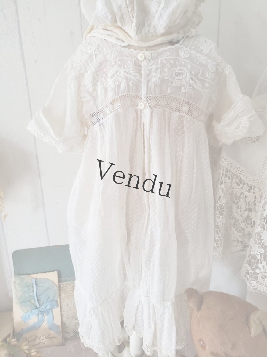画像8: フランスアンティーク　白糸刺繍ベビードレス (8)
