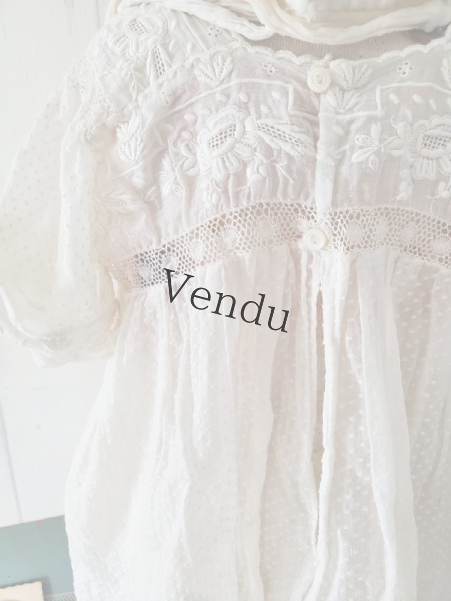 画像9: フランスアンティーク　白糸刺繍ベビードレス (9)