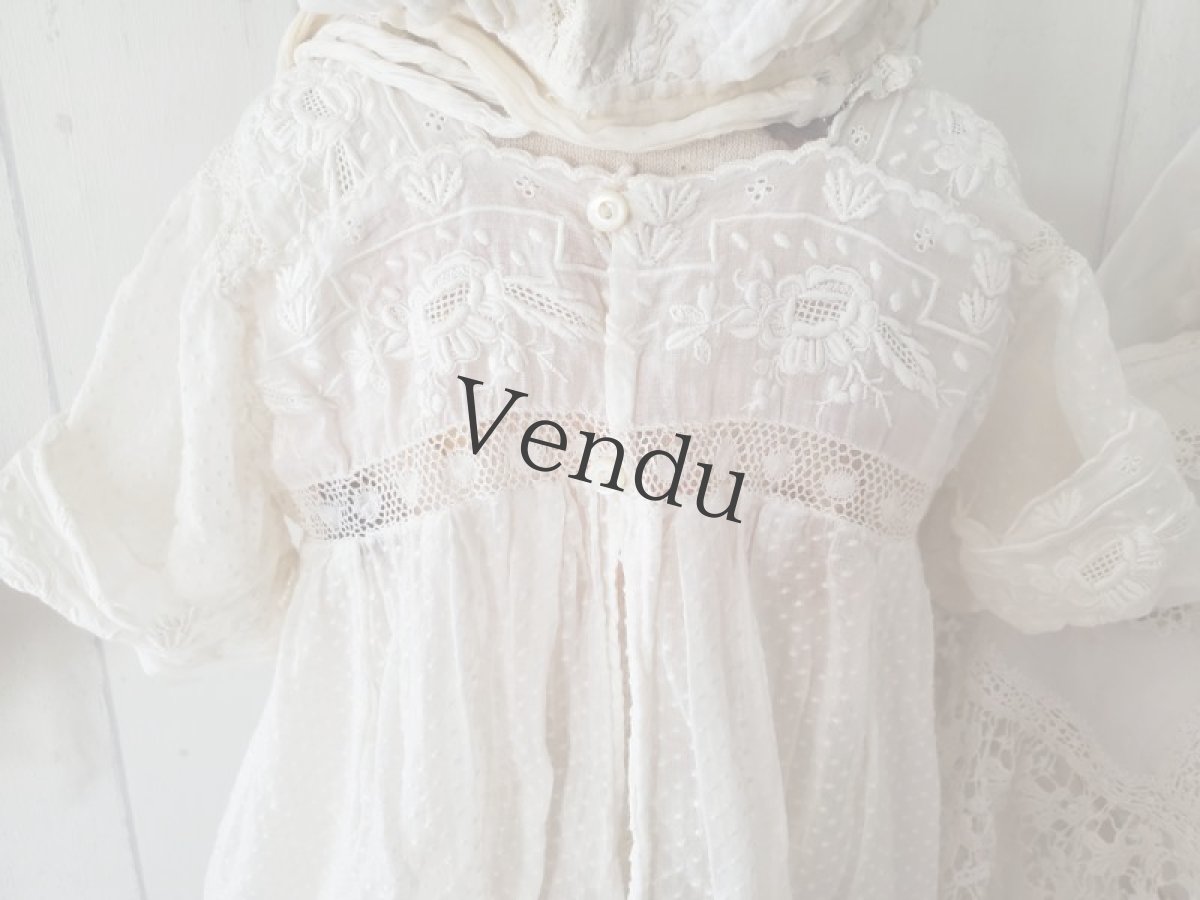 画像10: フランスアンティーク　白糸刺繍ベビードレス (10)