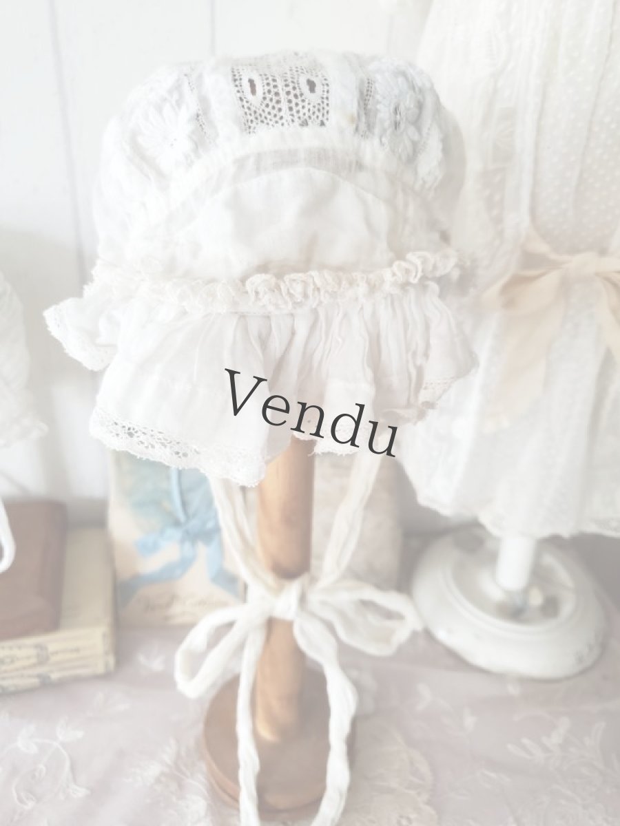 画像7: フランスアンティーク　やわらかローン地 白糸刺繍ボネ 子供サイズ (7)