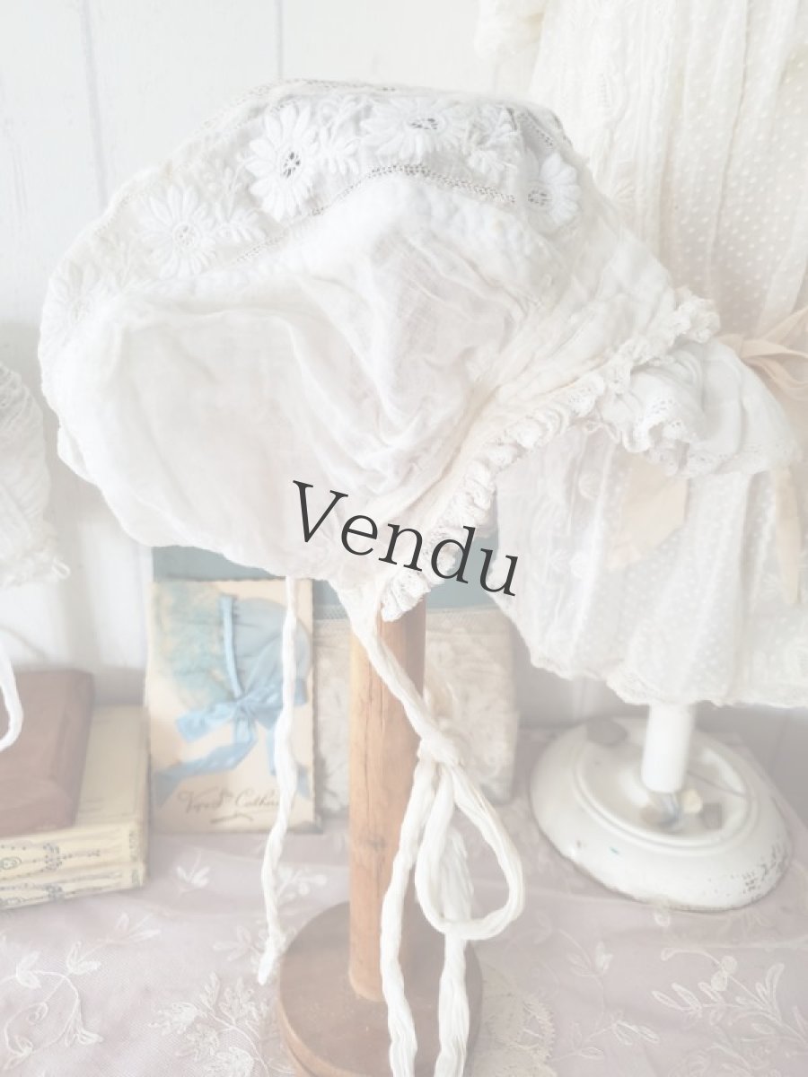 画像8: フランスアンティーク　やわらかローン地 白糸刺繍ボネ 子供サイズ (8)