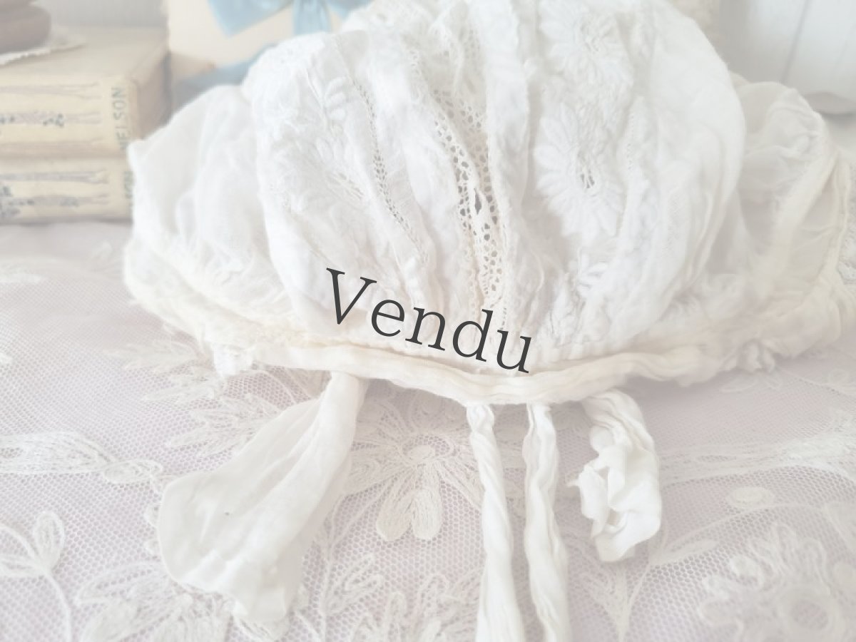 画像5: フランスアンティーク　やわらかローン地 白糸刺繍ボネ 子供サイズ (5)