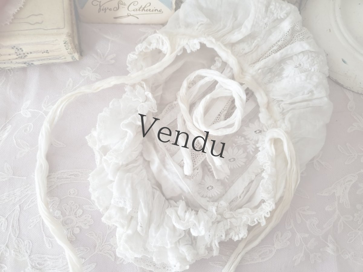 画像6: フランスアンティーク　やわらかローン地 白糸刺繍ボネ 子供サイズ (6)