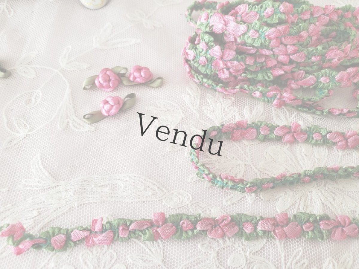 画像3: フランスヴィンテージ　ローズ＆グリーンのロココリボン 20cm〜 (3)