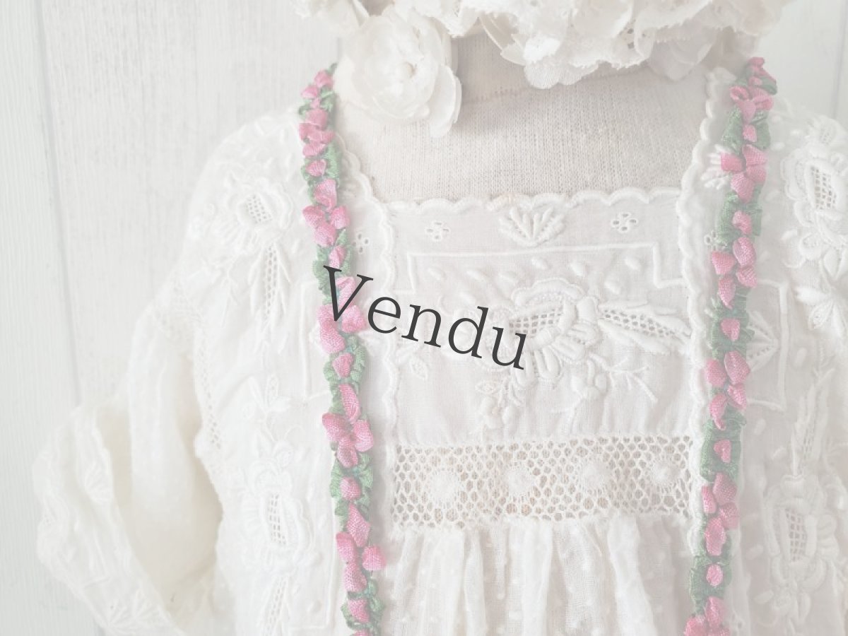 画像5: フランスヴィンテージ　ローズ＆グリーンのロココリボン 20cm〜 (5)