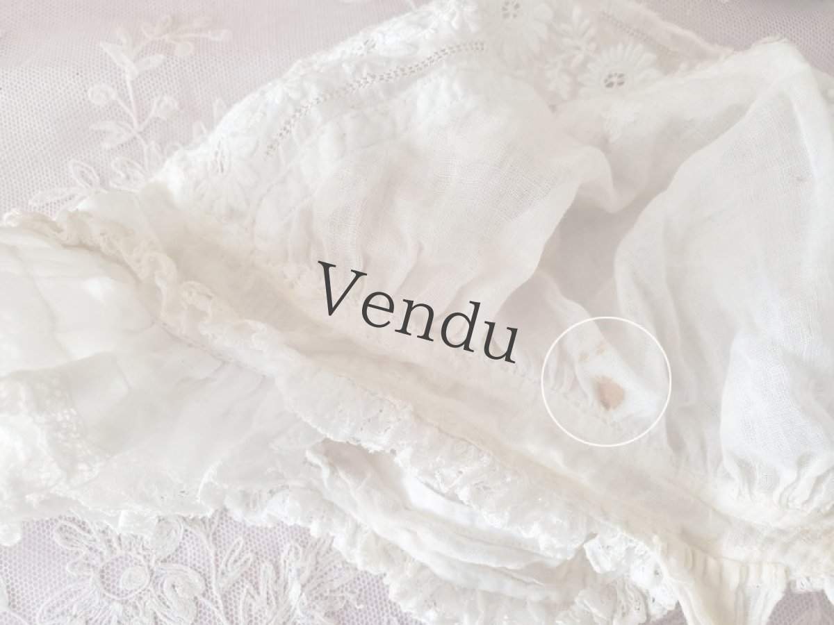 画像12: フランスアンティーク　やわらかローン地 白糸刺繍ボネ 子供サイズ (12)