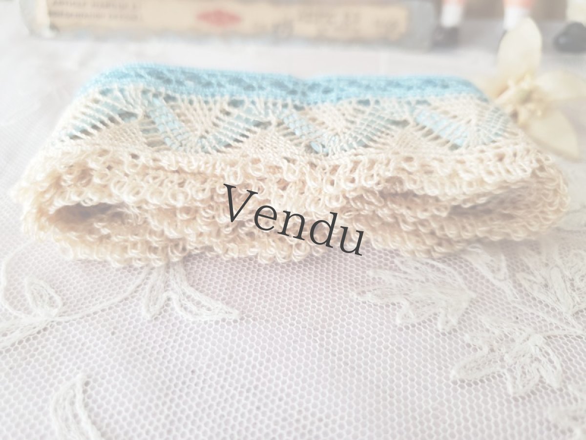 画像4: フランスヴィンテージ　ブルー×ベージュ　スカラップレース125cm (4)