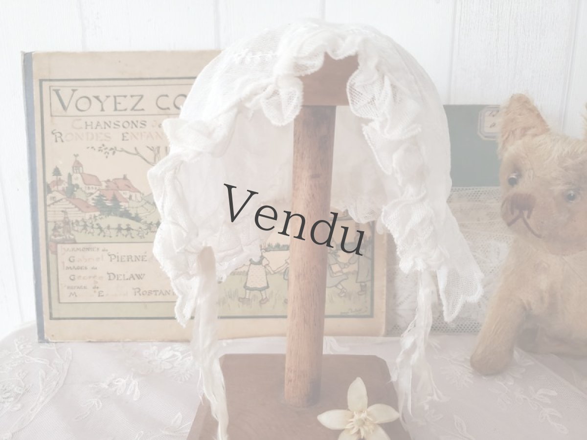 画像4: フランスアンティーク　チュールレースの刺繍ボネ 子供サイズ (4)