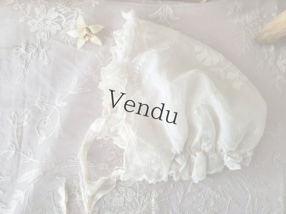 画像5: フランスアンティーク　チュールレースの刺繍ボネ 子供サイズ (5)