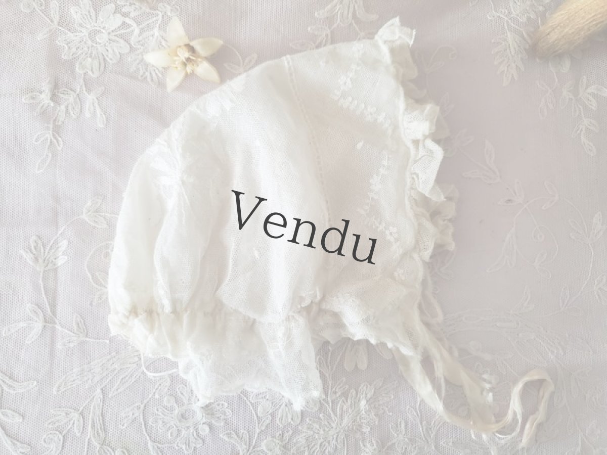 画像6: フランスアンティーク　チュールレースの刺繍ボネ 子供サイズ (6)