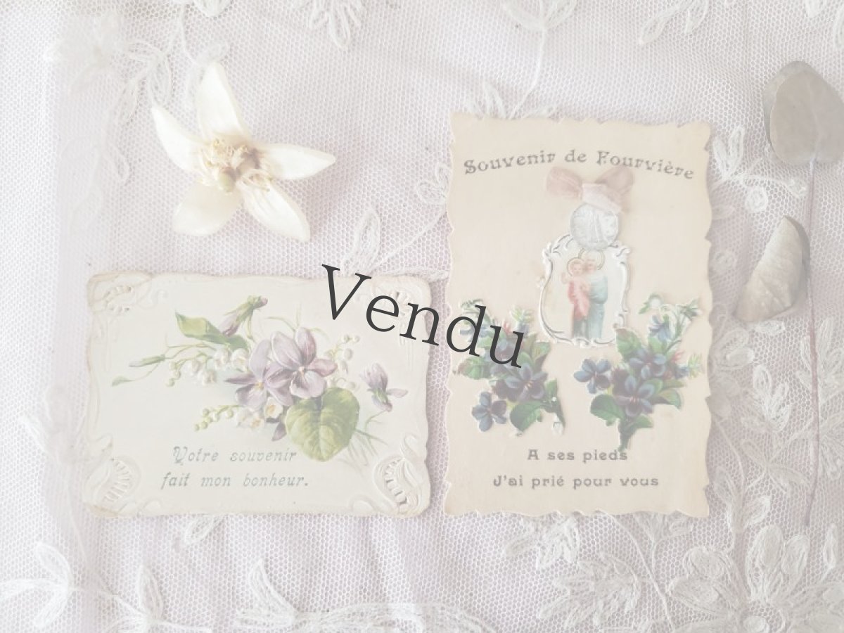 画像7: フランスヴィンテージ　マリア様とジーザス、すみれのホーリーカード　メダイヨン付 (7)