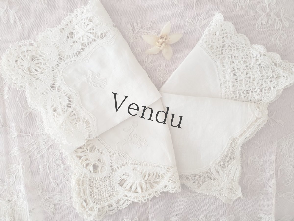 画像7: フランスヴィンテージ　ボビンレース　ハンカチ　名前刺繍入り (7)