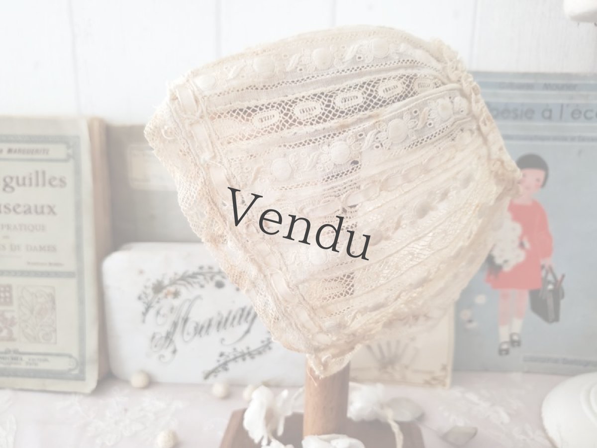画像6: フランスアンティーク　白糸刺繍とリボンの小さなボネ (6)