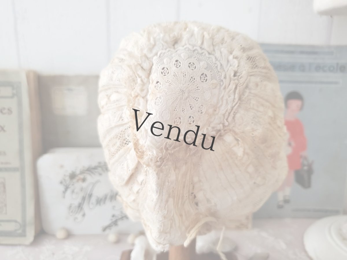 画像7: フランスアンティーク　白糸刺繍とリボンの小さなボネ (7)