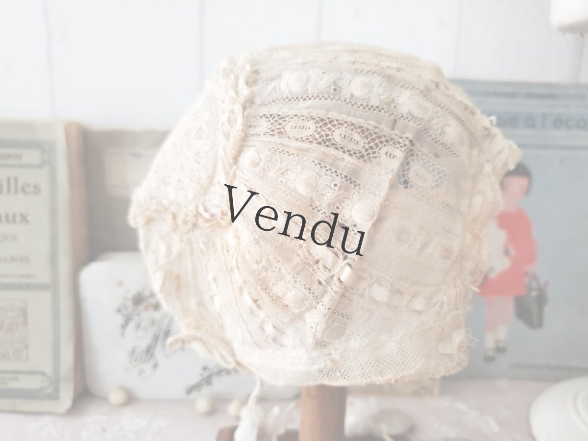 画像8: フランスアンティーク　白糸刺繍とリボンの小さなボネ (8)